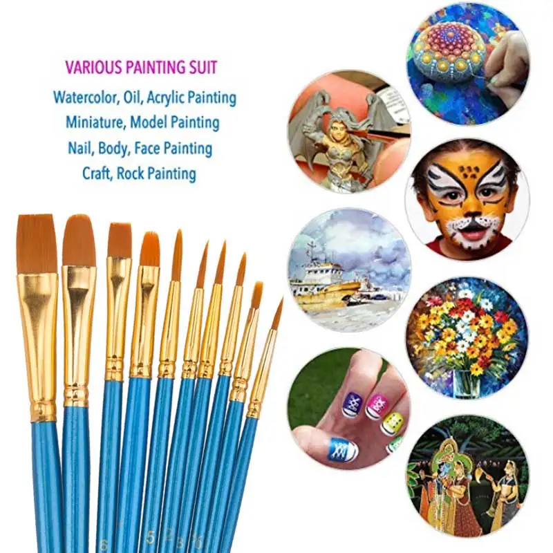 Artist Nylon Paint Brush Professional Watercolor Acrylic Wooden Handle Painting Brushes Art Supplies Stationery 10 Pcs