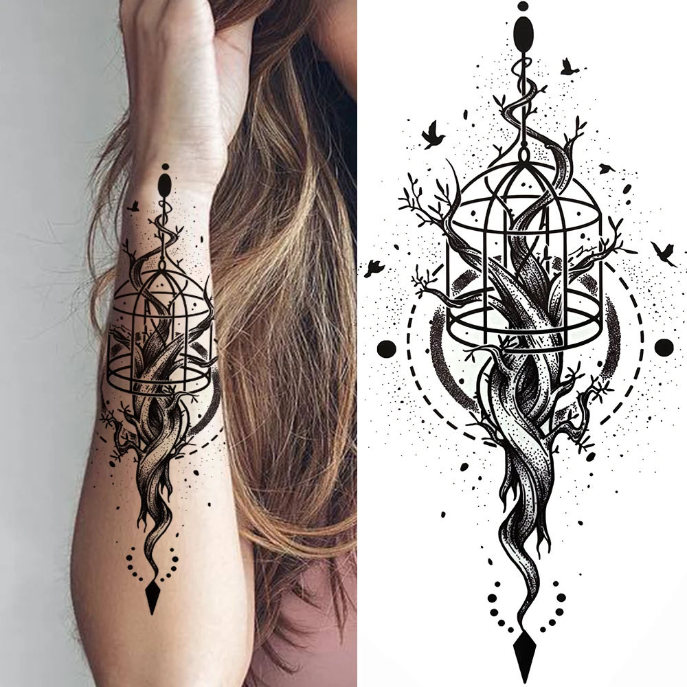 Cage Life Tree Bird Temporary Tattoo For Women Wolf Black Cat Fake Jewelry Tattoo Sticker Dream Catcher Water Transfer Tatoo