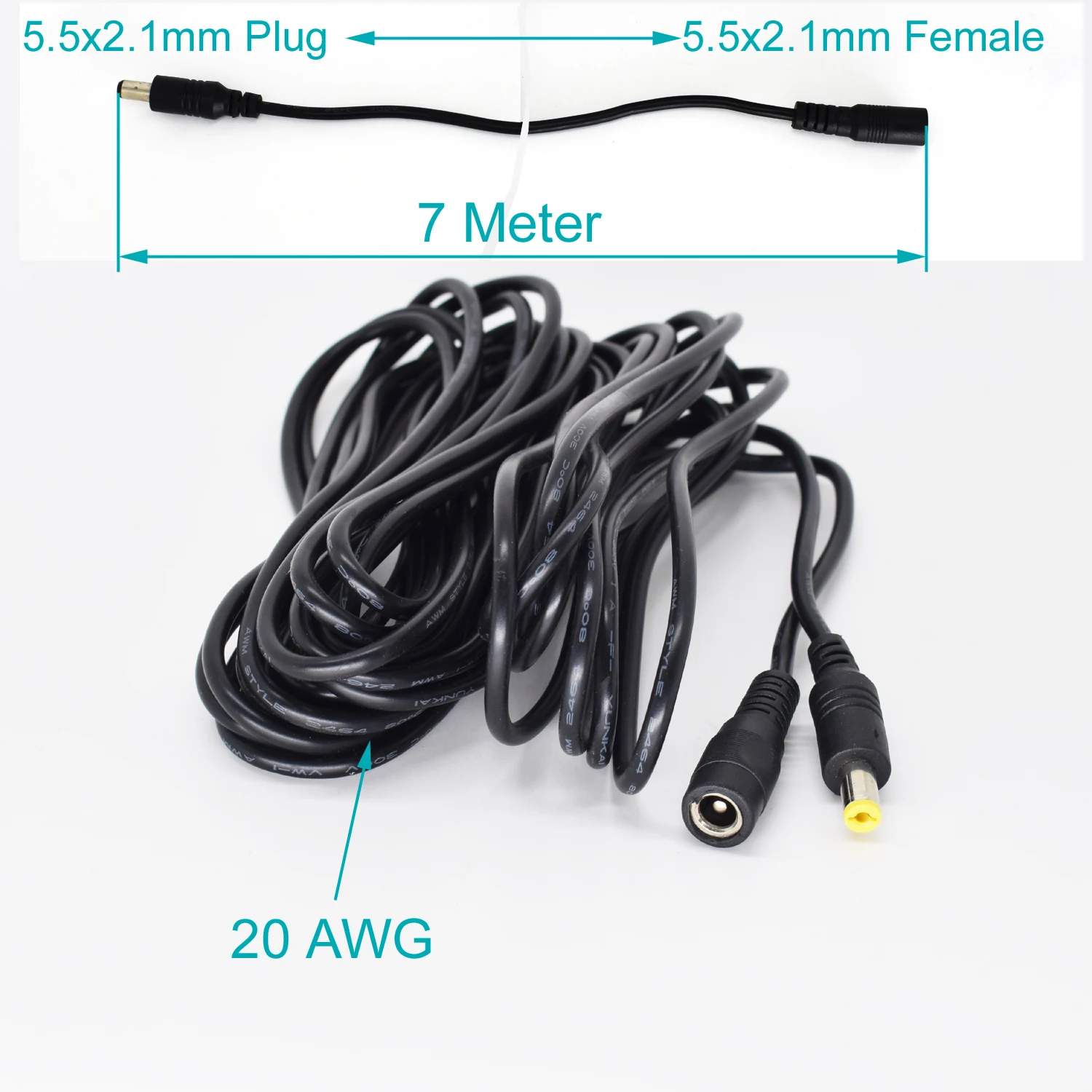 1pc 7M DC Power Supply 5.5mmx2.1mm 2.1mm Male to Female Extension Cable 22AWG