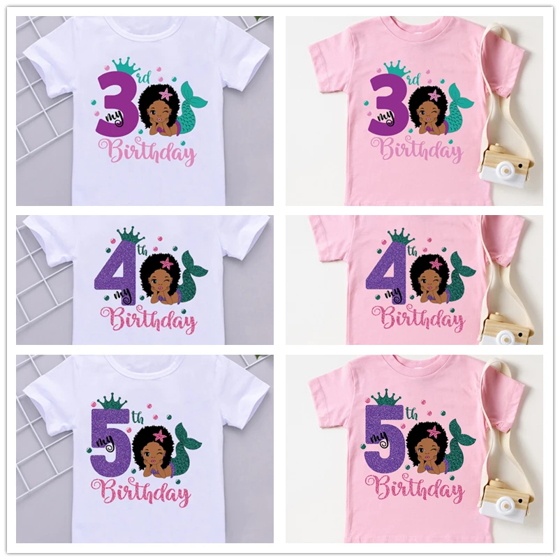 Kawaii Mermaid Black Girls Numbers My 2-9th Birthday T Shirt Kids Clothes Girl T-Shirt Harajuku Short Sleeve T-Shirts Tees Top