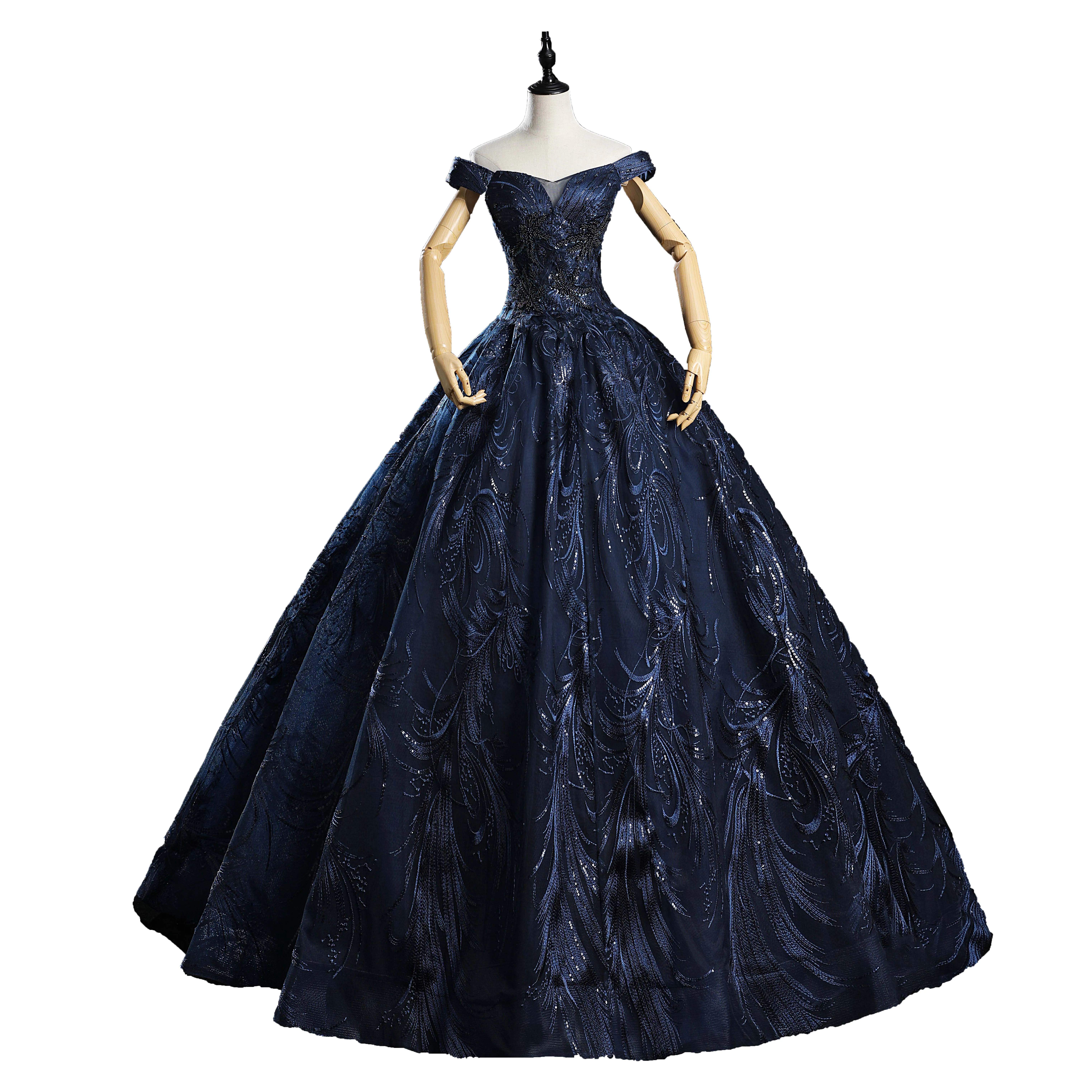 JaneVini Elegante Süße 16 Navy Blau Ballkleid Quinceanera Kleider Lange Off Schulter Spitze Stickerei Perlen Puffy Tüll Prom Kleid