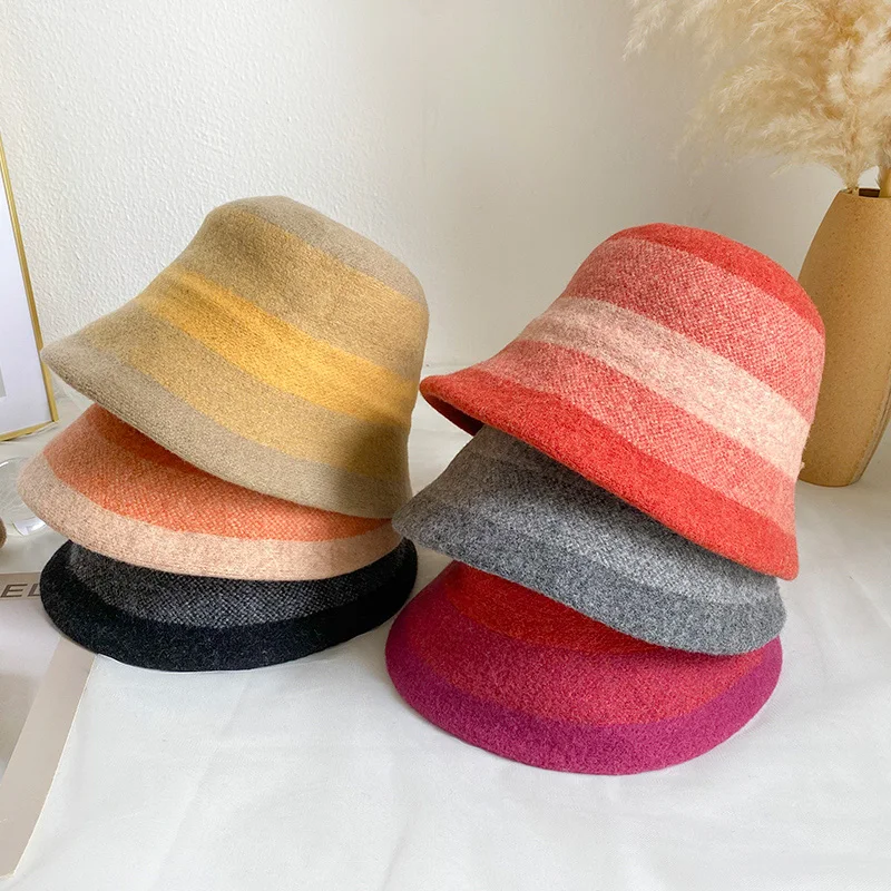 

Novelty Gradient Stripes 100% Wool Bucket Hats Women Fall Winter Thick Warm Fisherman Hat Foldable Fashion Cap Adjustable