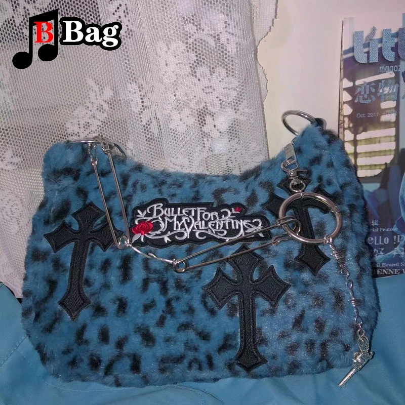 Gothic Women Chain Crossbody Bags Soft Plush Ladies Purse Hanbag Leopard Pattern Female Y2K Punk shoulder bag tote