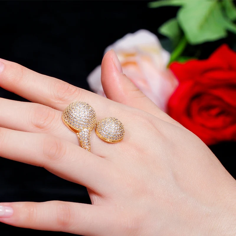 CWWZircons Adjustable Micro Pave Cubic Zirconia Ball Gold Color Fashion Ladies Engagement Finger Rings for Wedding Party R151