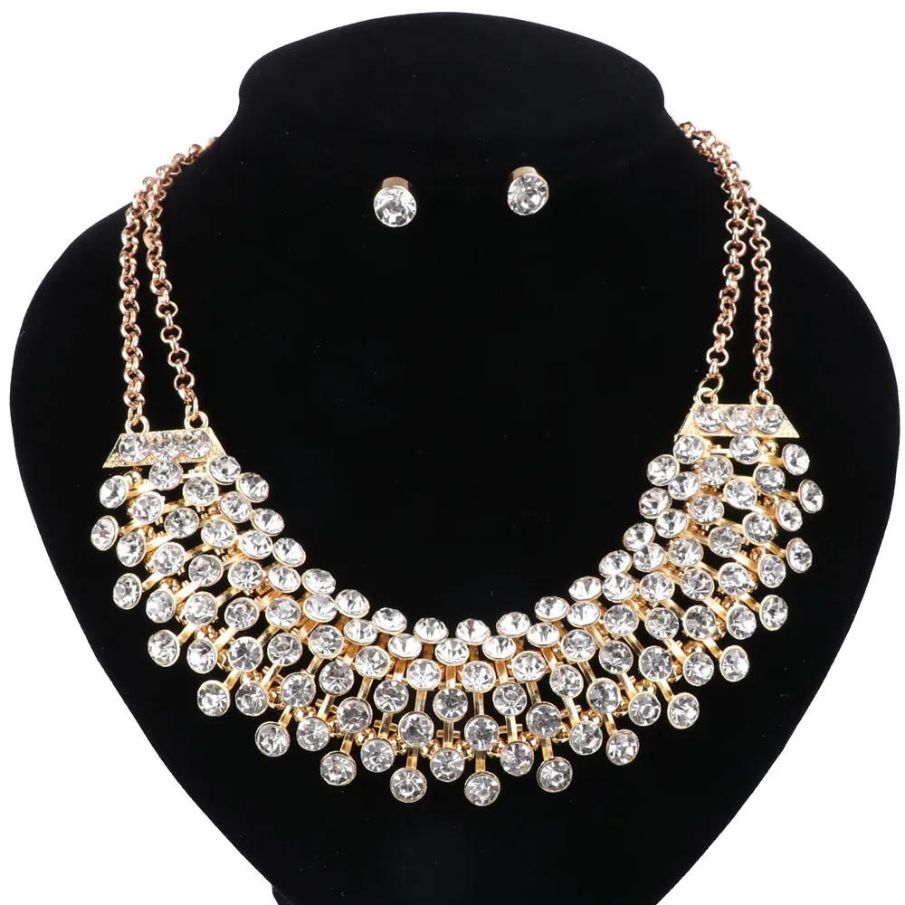 African Jewelry Sets Gold Color For Women Party Accessories Wedding Bridal Double Layers Pendant Crystal Necklace Earrings Sets