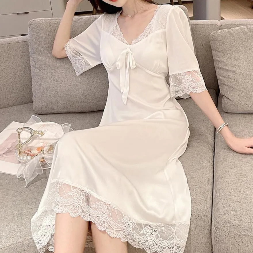 Sexy Long Nightdress For Women Spring Summer Rayon Nightgown Sleepwear White Patchwork Lace Home Dressing Gown Loose Nightwear