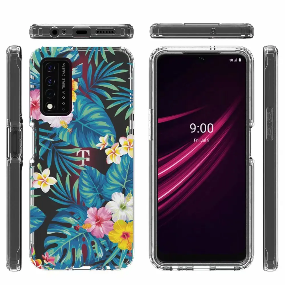 Floral Flower Pattern Clear Full Body PC+Silicone TPU Shockproof Protective Case For T-Mobile REVVL V+5G