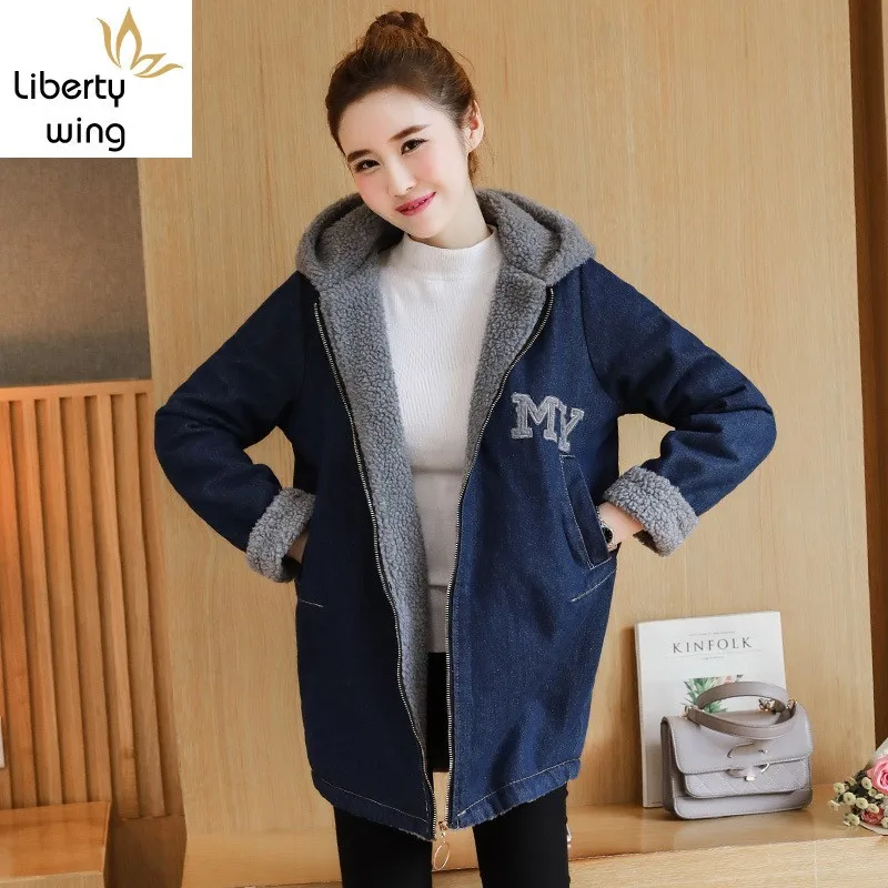 

Casual Women Thick Fleece Lining Denim Jacket Loose Fit Hoody Jackets Warm Overcoat Streetwear Jeans Coats Plus Size 5XL