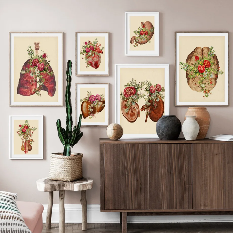 Vintage Human Anatomy Heart Liver Kidney Lung Wall Art Canvas Painting Posters And Prints Wall Pictures For Living Room Decor