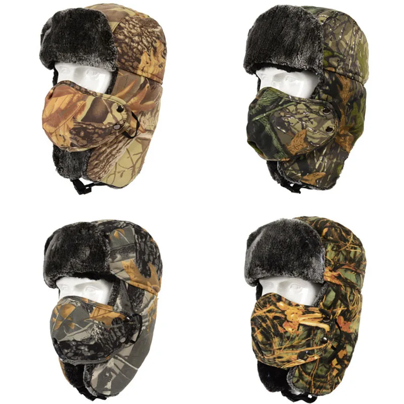 Winter Thick Camouflage Ushanka Outdoor Warm Caps Flight Trooper Hat Forest Camo Waterpoof Coldproof Hat Earflaps Mask Neck Flap