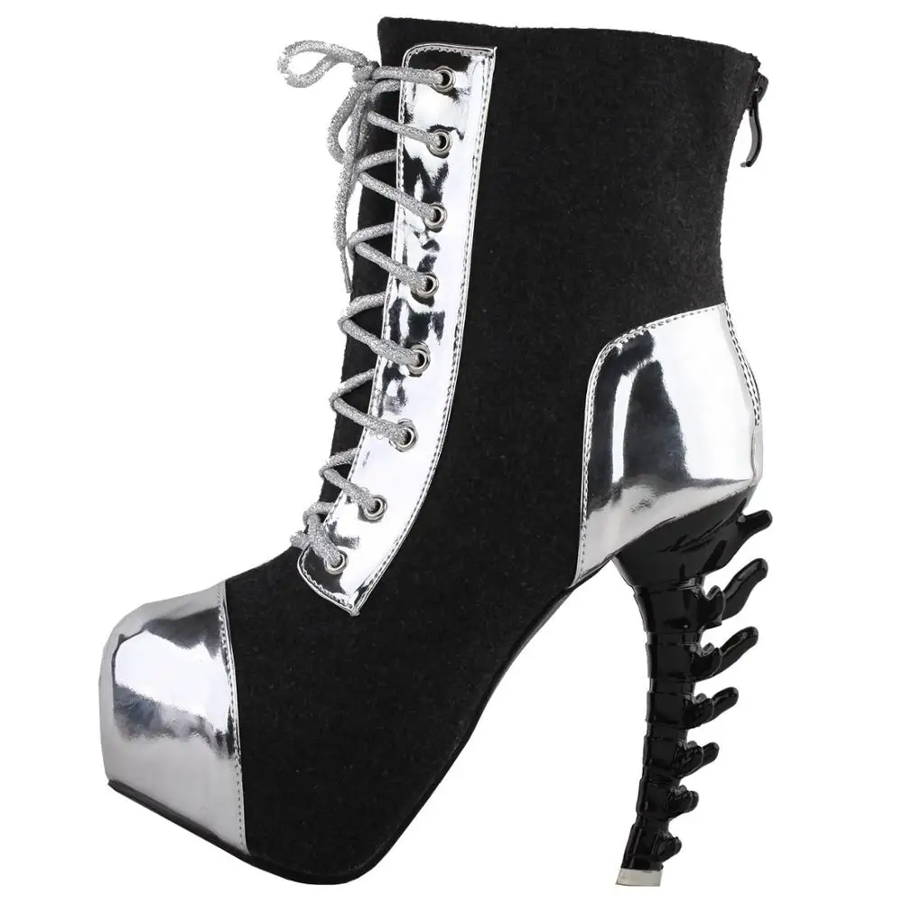 Cool Dark Grey Silver Two Tone Lace-Up High-top Bone Heels Platform Ankle Boots