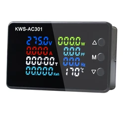 AC 50-300V 0-100A Digital LED Voltmeter Ampermeter Wattmeter Voltage Power Factor Energy Temperature Electricity Meter KWS-AC301