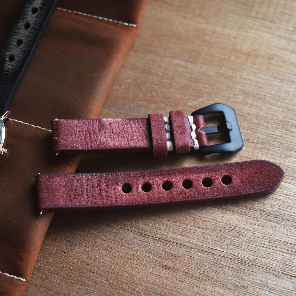 Handmade Cow Leather Watch Strap 18mm 20mm 22mm 24mm Vintage Watch Band Replacement Wristband Handmade Stitching Watchband