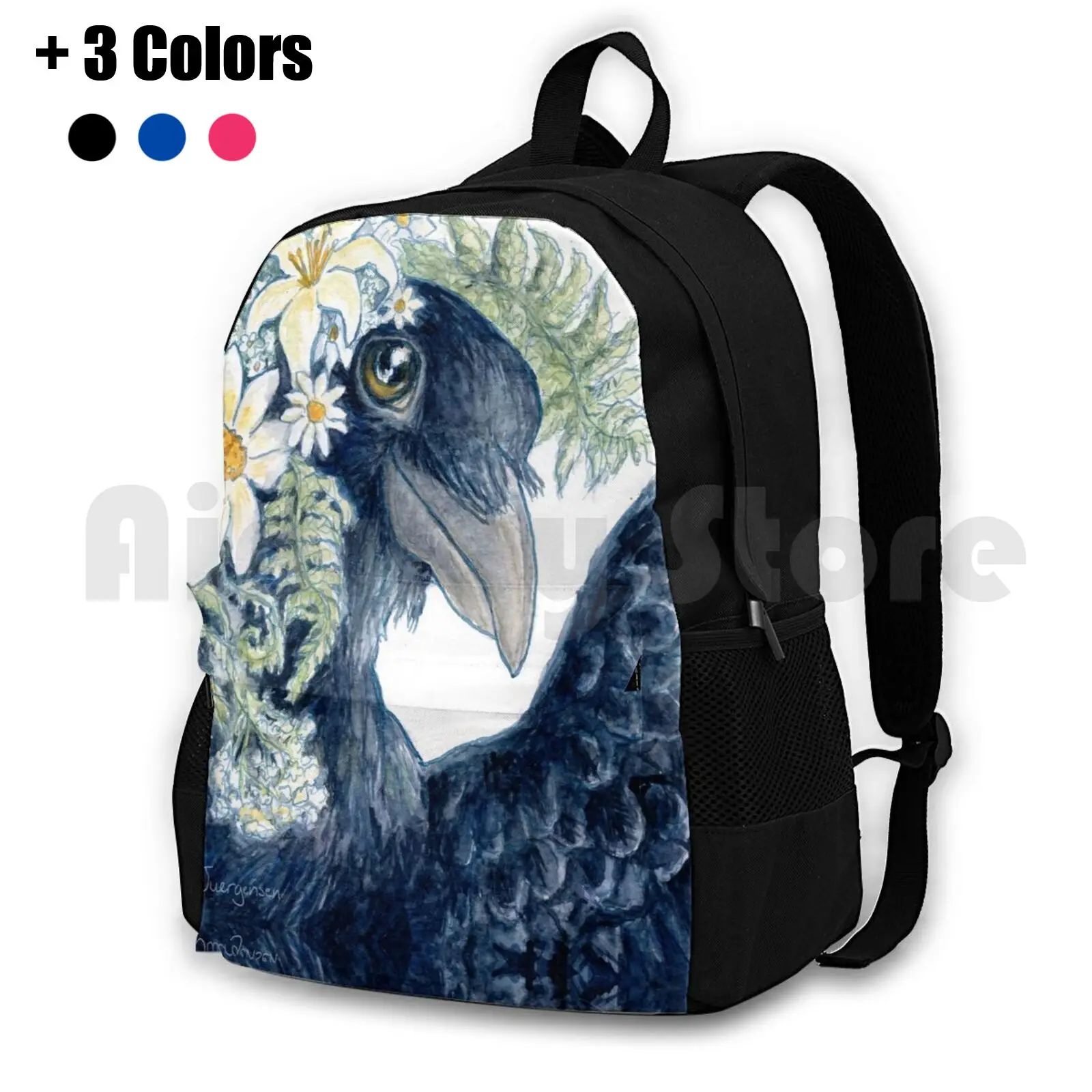 Crow Selfie Outdoor Hiking Backpack Riding Climbing Sports Bag Crow Raven Black Feathers Flowers Flower Crown Selfie Cute