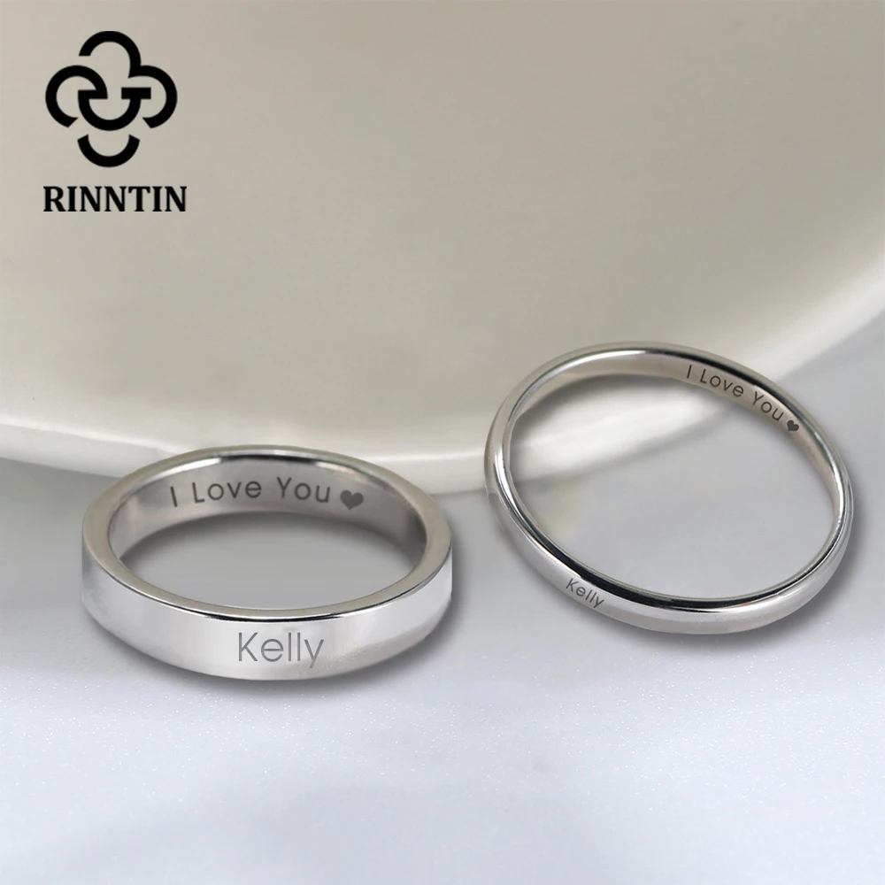 Rinntin 925 스털링 실버 DIY 각인 커플 반지, 연인 맞춤형 매칭 웨딩 밴드, 기념일 고급 주얼리 선물