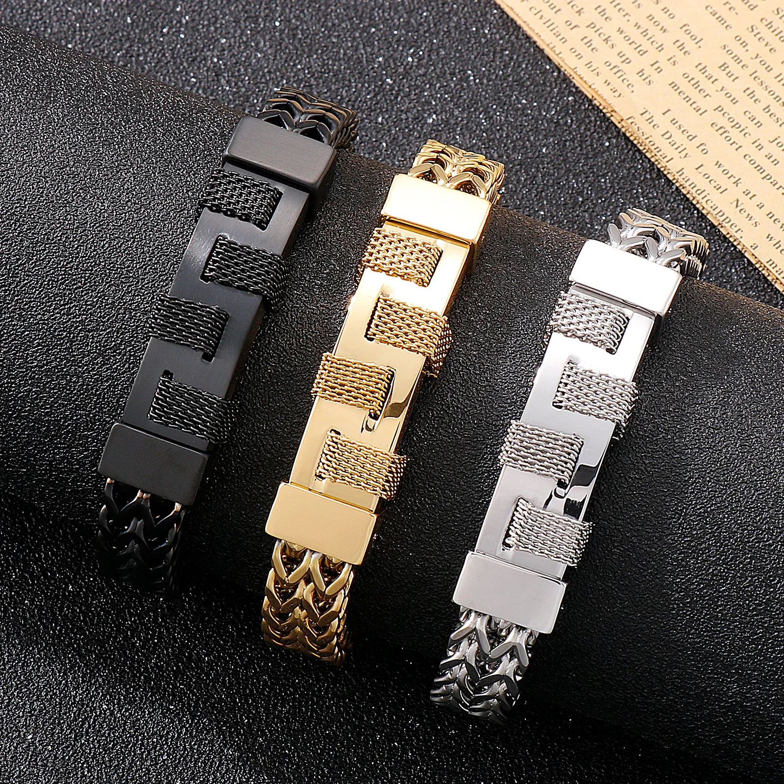 Three-color Trend Stainless Steel Stitching Men\'s Bracelet Design Sense Wristband Jewelry