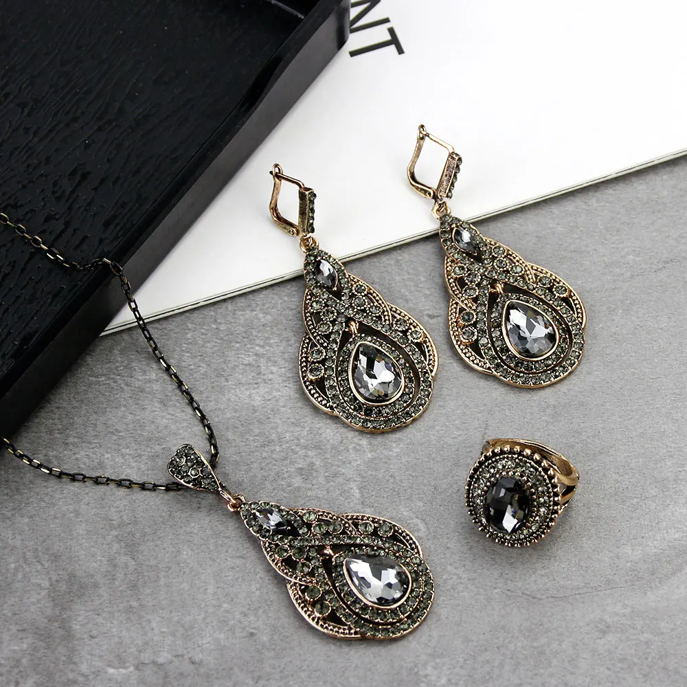 Sunspicems Elegent Bohemia Gray Crystal Earring Necklace Ring Wedding Jewelry Sets for Women Antique Gold Color Bride Gift 2020