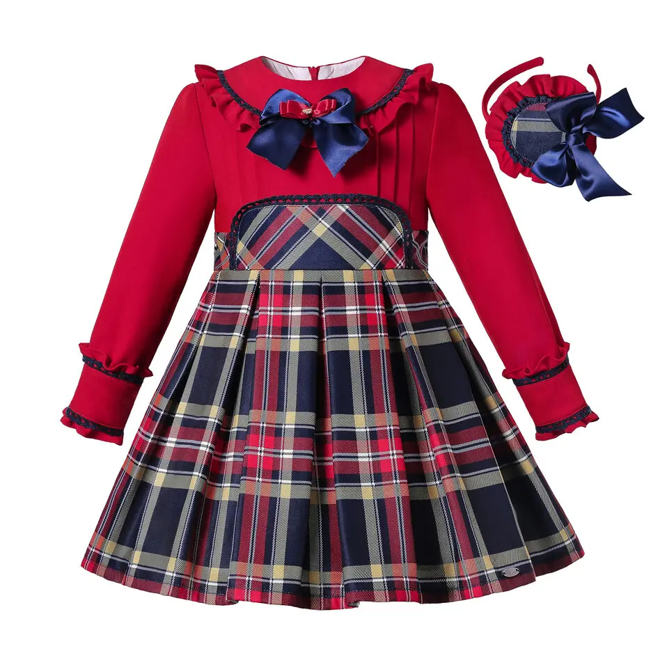 Pettigirl Winter Christmas Spanish Toddler Children Red Plaid Charm Dresses for Baby Girls Teenage Kids Sisters Matching Outfits