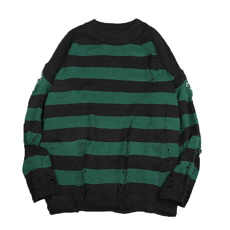 Ripped Sweater Women Striped Knitted Streetwear Washed Pullover Casual Green Sweater Couples Jumper Loose Long Sleeve Sweater