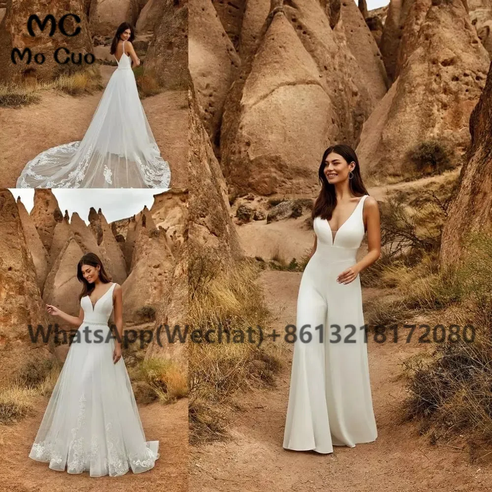 

2 In 1 Wedding Jumpsuit With Detachable Skirt Two Pieces Bridal Dresses Pants Suit For Women Lace Tulle V-Neck Sweep Train