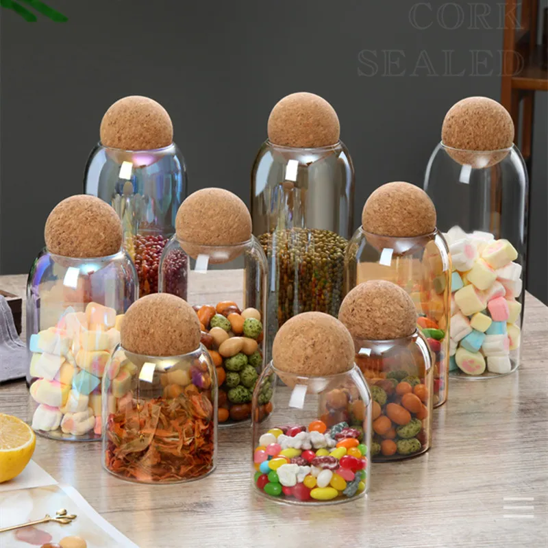 

Glass Storage Bottle Jars Round Cork Coffee Bean Sealed Contains Creative Grain Storage Jar Candy Tea Can Kitchen Accessories