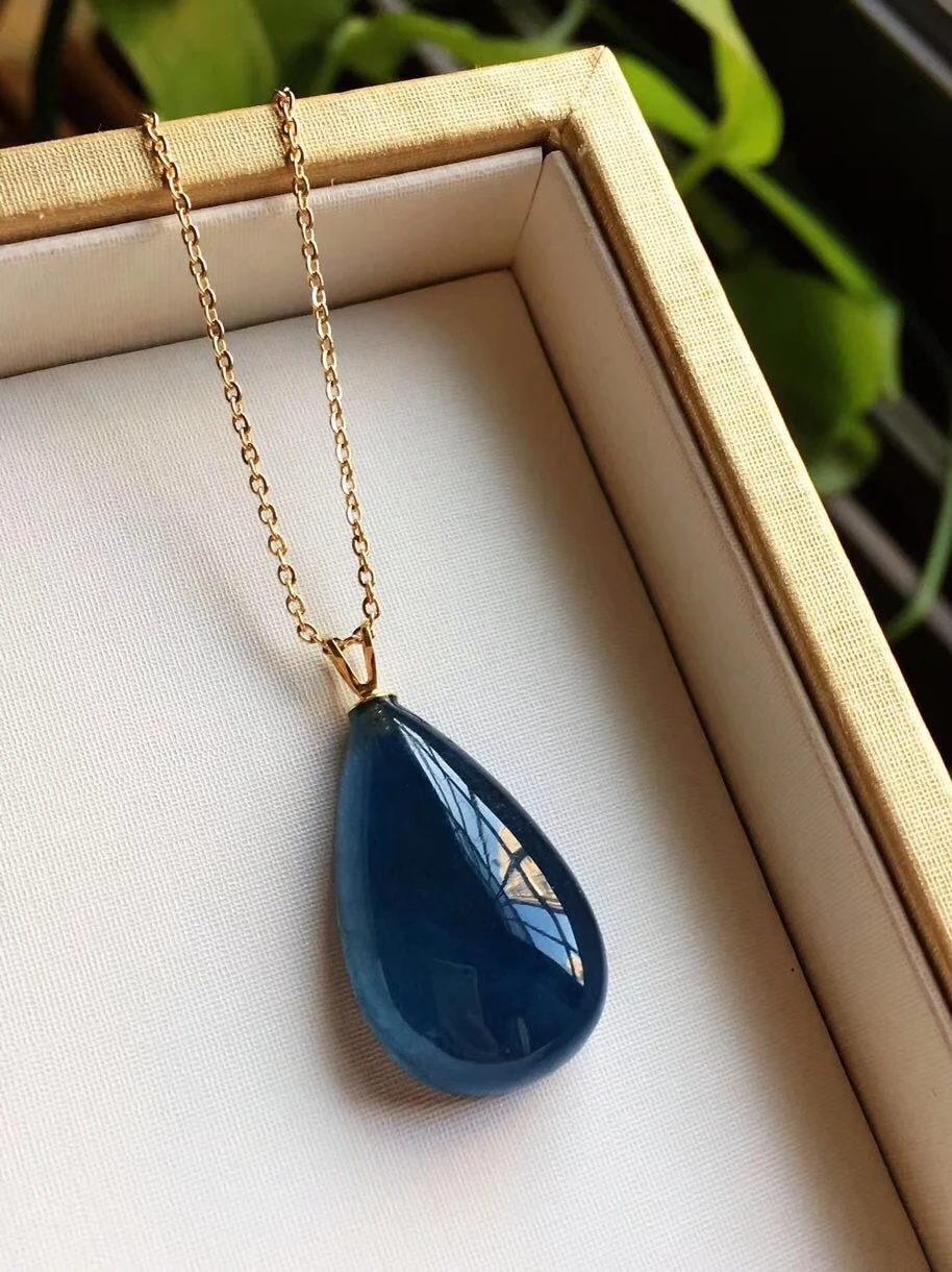 Natural Deep Blue Aquamarine Clear Crystal Women Pendant 26x15x9mm Water Drop Stone 925 Silver Necklace Pendant AAAAAA