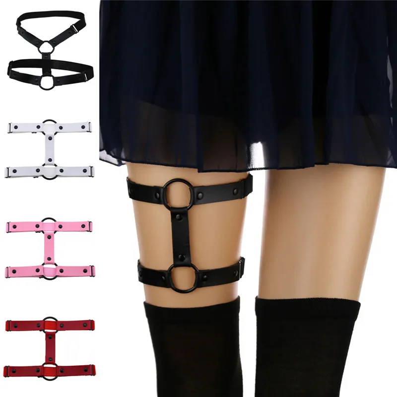 Gothic Punk okrągły skórzany do pończoch dziewczyna czarny Grunge noga biżuteria paski udo uprząż Body do Bondage akcesoria pas do pończoch