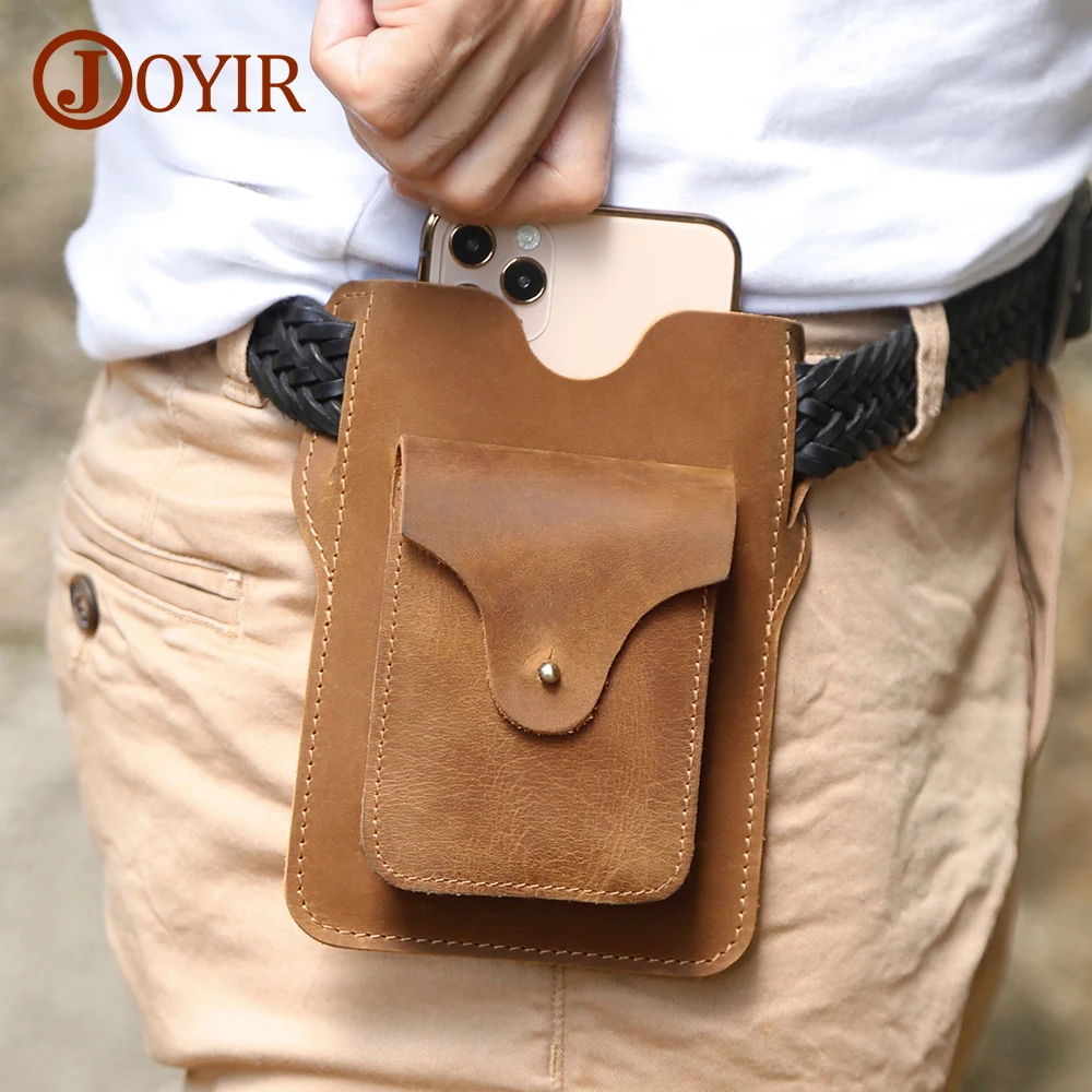 JOYIR Crazy Horse Leather Phone Holster Waist Bag Cowhide Belt Bum Bag Cigarette Case Pouch Casual Travel Running Waist Packs