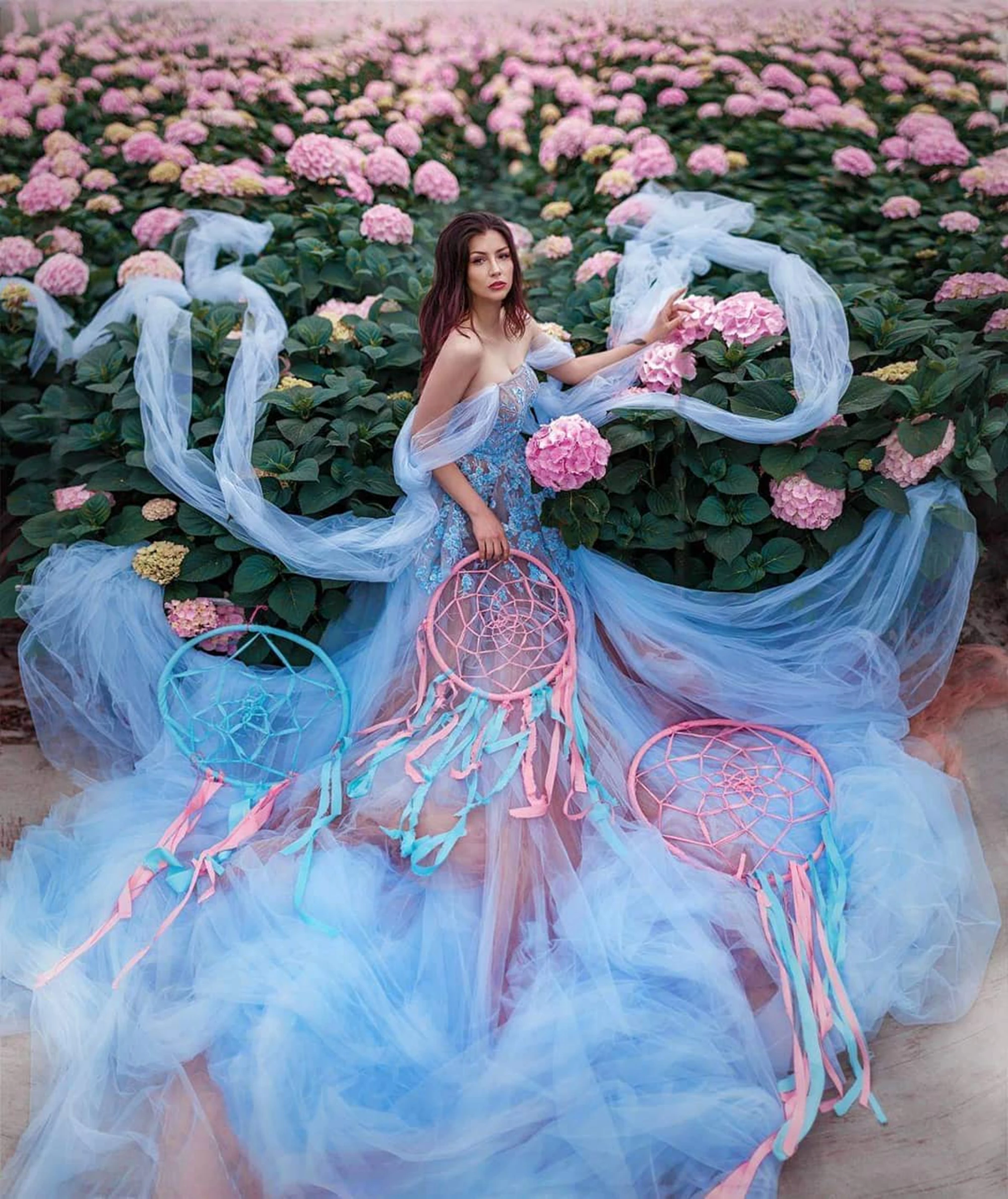 Off-Shoulder Layered Tulle Dress Applique Floral Dress Any Color Lush Long Evening Dresses Women A-Line Puffy Photoshoot Gown