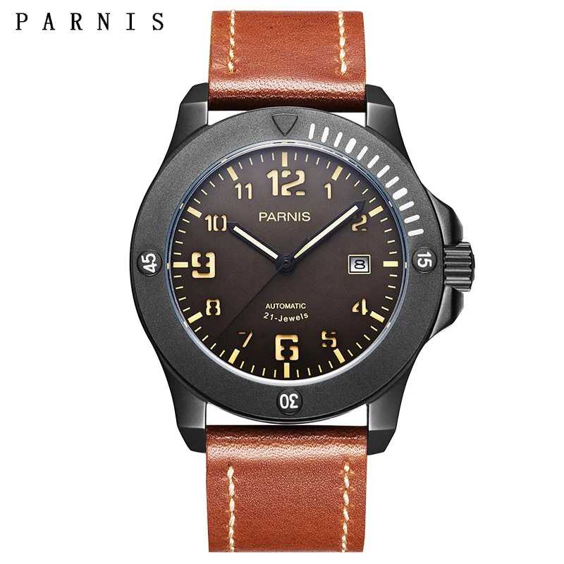 Parnis 44mm Mechanical Men\'s Watches Leather Strap 100m Waterproof Luminous Automatic Movement Sapphire Crystal Men Watch