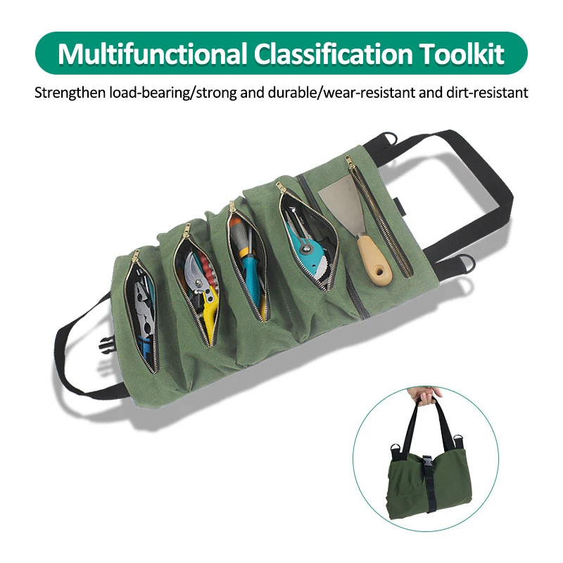 48x29x5cm Roll Tool Bag Canvas Tool Roll Pouch Multi-Purpose Zipper Storage Pocket Hanging Portable Toolbag for Tool Organizer