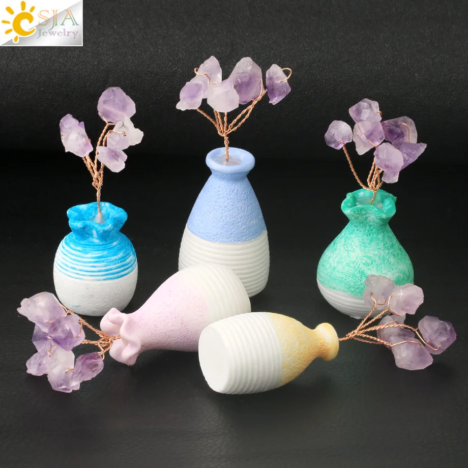 CSJA Natural Purple Crystal Vase Decor Rose Cold Color Copper Wire Tree of Life Resin Bottle Ornaments for Home Decoration G593