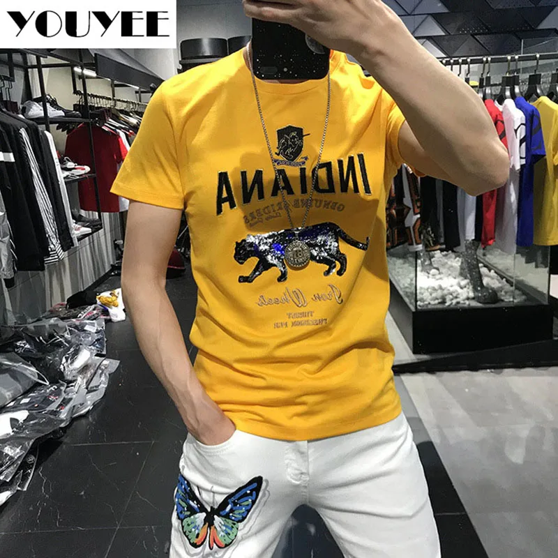 

Short sleeve T-shirt Men's Fashion Sequins Hot Drill 2021 Summer New One Piece Slim Leopard High Quality Handsome Homme Male Top