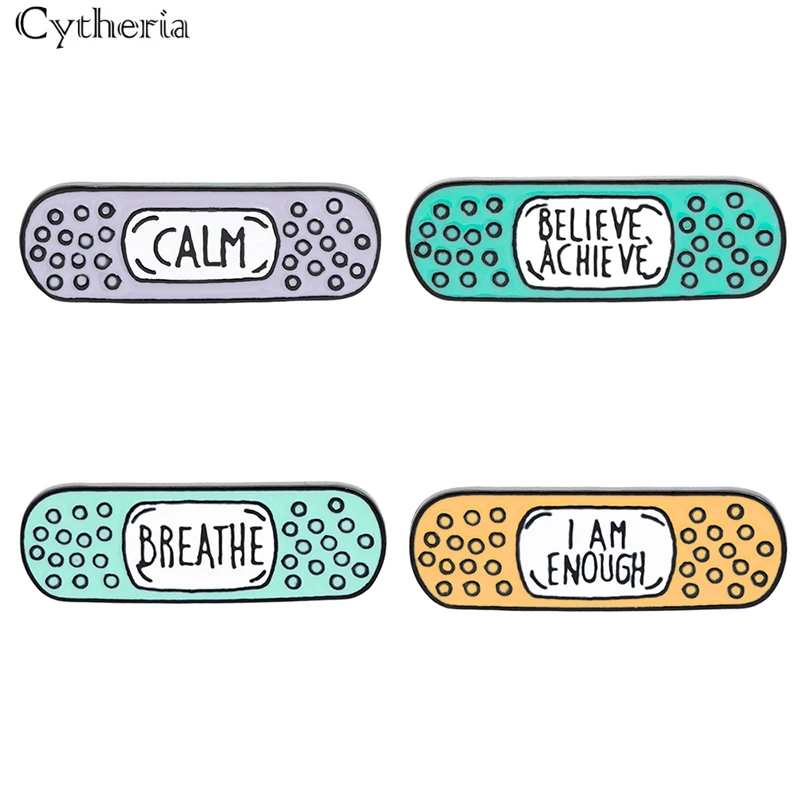 Classic Letter Band-Aid Design Enamel Pins Believe Achieve I Am Enough Breathe Calm Bandage Brooches Medical Healing Badge
