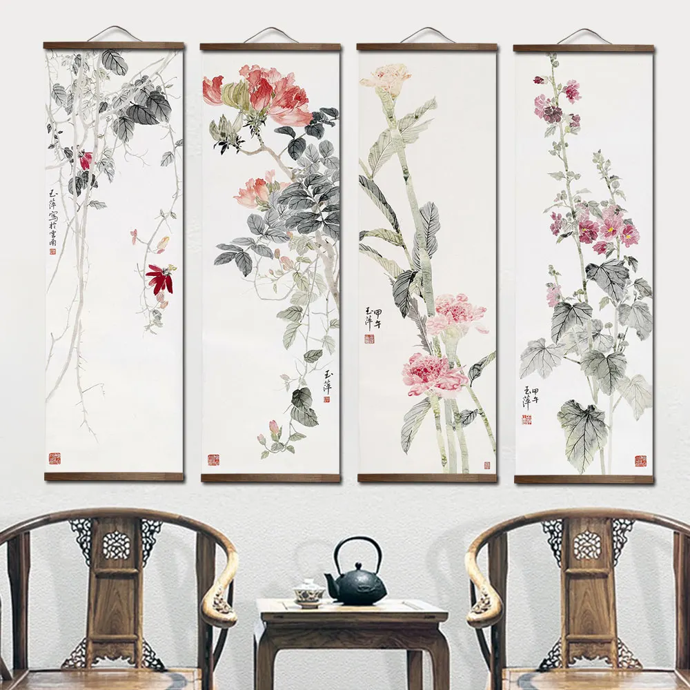 

Chinese Style Flower Green Plants Canvas Posters Decor Store Bedroom Living Room Wall Art Solid Wood Scroll Paintings with Frame