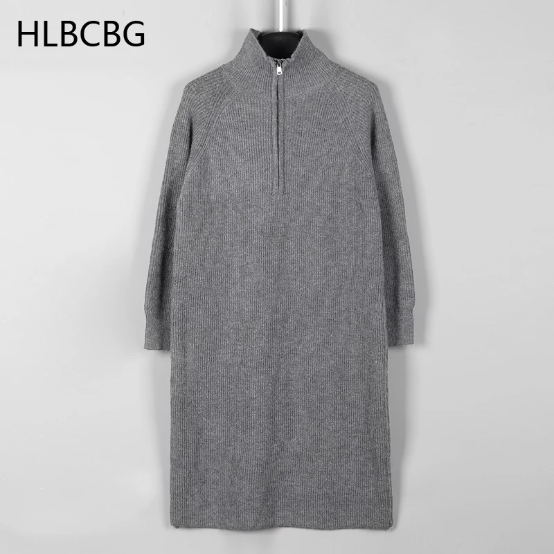 HLBCBG Long Knit Sweater Dress For Women 2021 Autumn Winter Thick Warm Long Maxi Dress Elegant Zipper Robe Femme Vestidos