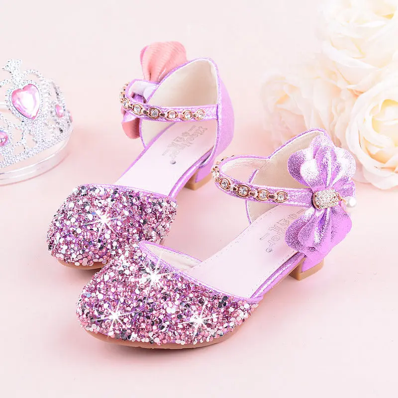 2019 Girls Bow-knot Princess Shoes With High-heeled, Kids Glitter Dance Performance Summer Shoes, Purple , Pink & Silver 26-38