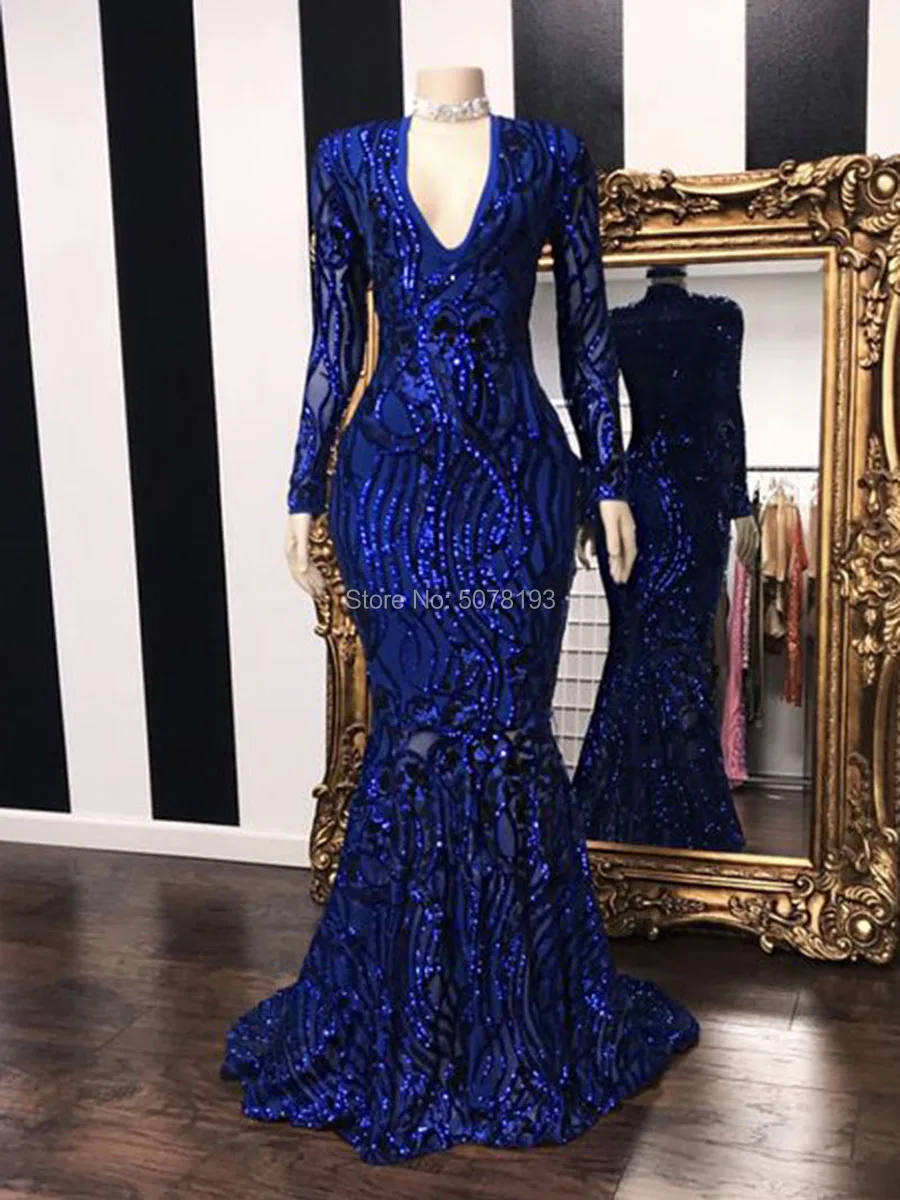 Robe de soirée élégante, col en v, manches longues, fermeture éclair, sirène/trompette, paillettes, bleu Royal, à la mode, livraison gratuite, N215