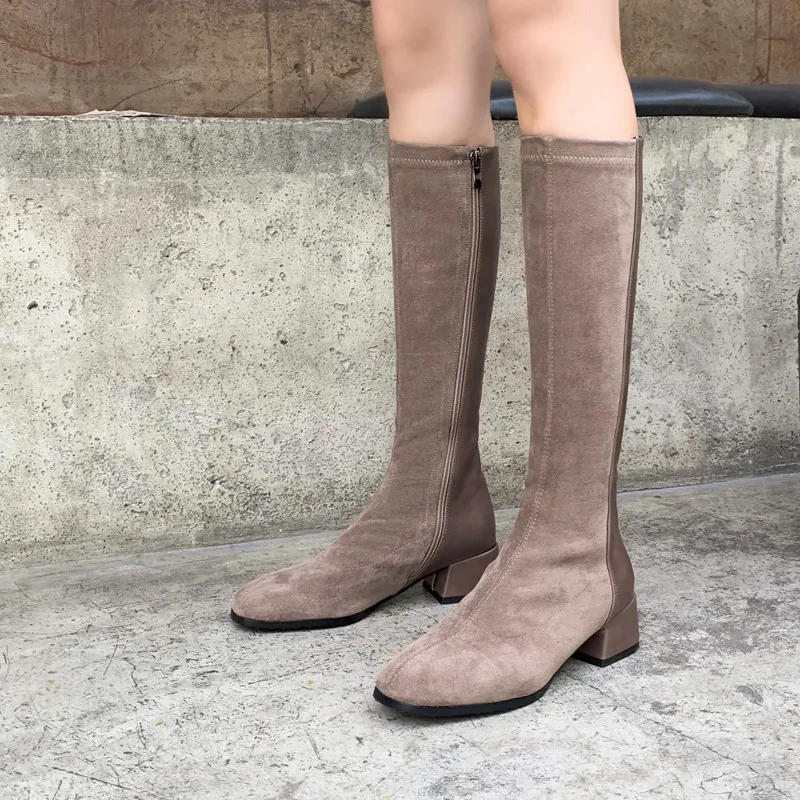 

YQBTDL 2023 Winter Patchwork Faux Suede Long Knee High boots female Chunky Block Heels Black Khaki leisure Women Shoes plus Size