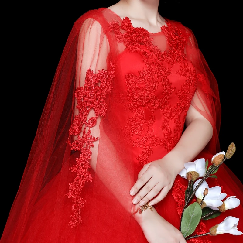 2019 Nuovo Semplice Modo di Pizzo Rosso O-Collo Abito Da Sposa per Le Spose Size 2-26W Abito Da Sposa A Buon Mercato Abito de Mariage Con Scialle Lungo 30