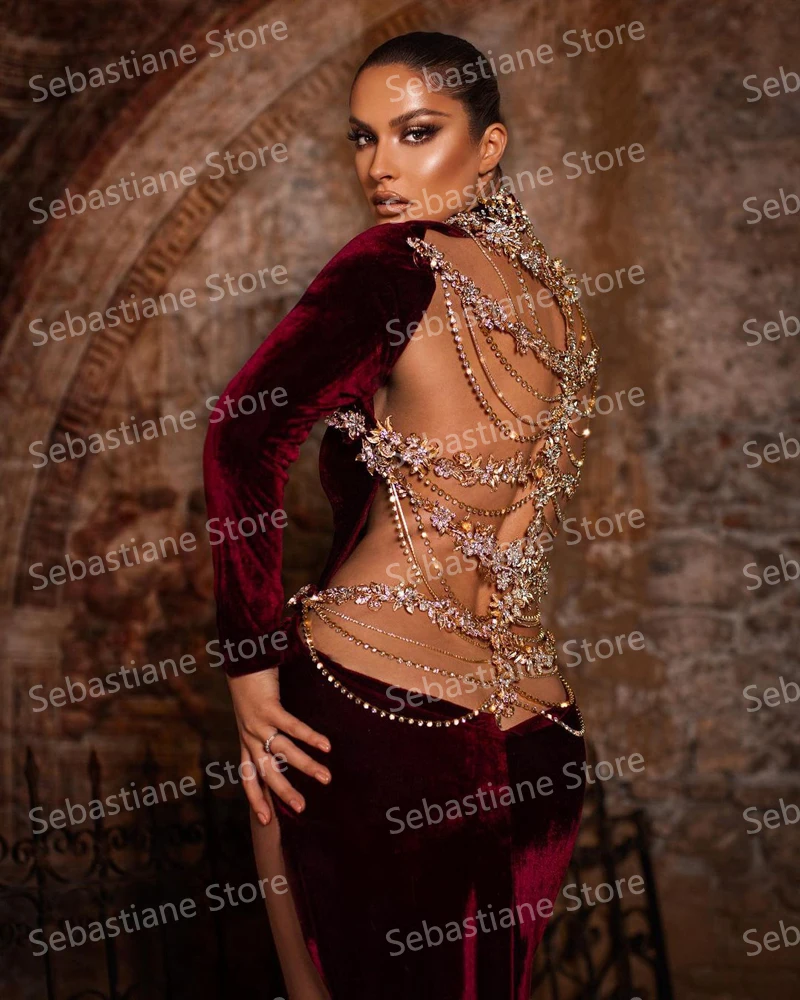 Luxury Crystals Back Evening Dresses With Long Train Velvet High Split High Neck Long Sleeves Mermaid Ruffles Prom Gown