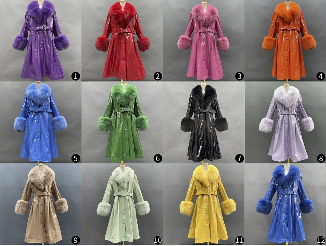 Missjanefur 2021 inverno jaqueta de couro feminina moda luxo real gola de pele de raposa couro patente com cinto longo trench pele de carneiro casaco