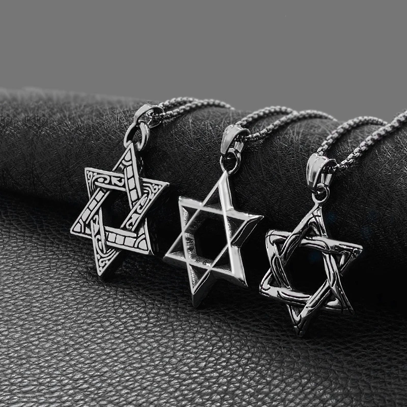 Stainless Steel Star Hexagram Magen David Pendant Necklace Chain Neckless Hip Hop Israel Judaica Hebrew Jewlery 55cm