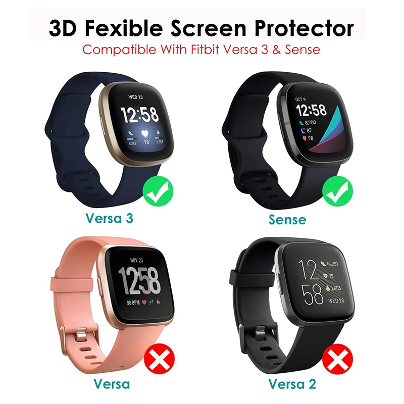 Film For Fitbit Versa 3/4 Sense Protective Film Cover Soft Curved Edge Full Coverage Screen Protector Fitbit4/Sense2 (Not Glass)