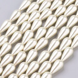 10 Strand FloralWhite Painted Drop Shape Glass Pearl Beads for jewelry making 16x8mm, Hole: 1mm; about 24pcs/strand F60