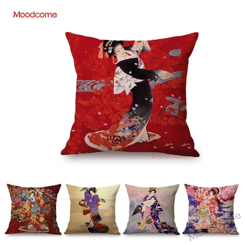 

Floral Asian Girl Woman Japanese Geisha Art Sofa Pillow Case Japan Painting Beauty Goddess Home Decor Cotton Linen Cushion Cover