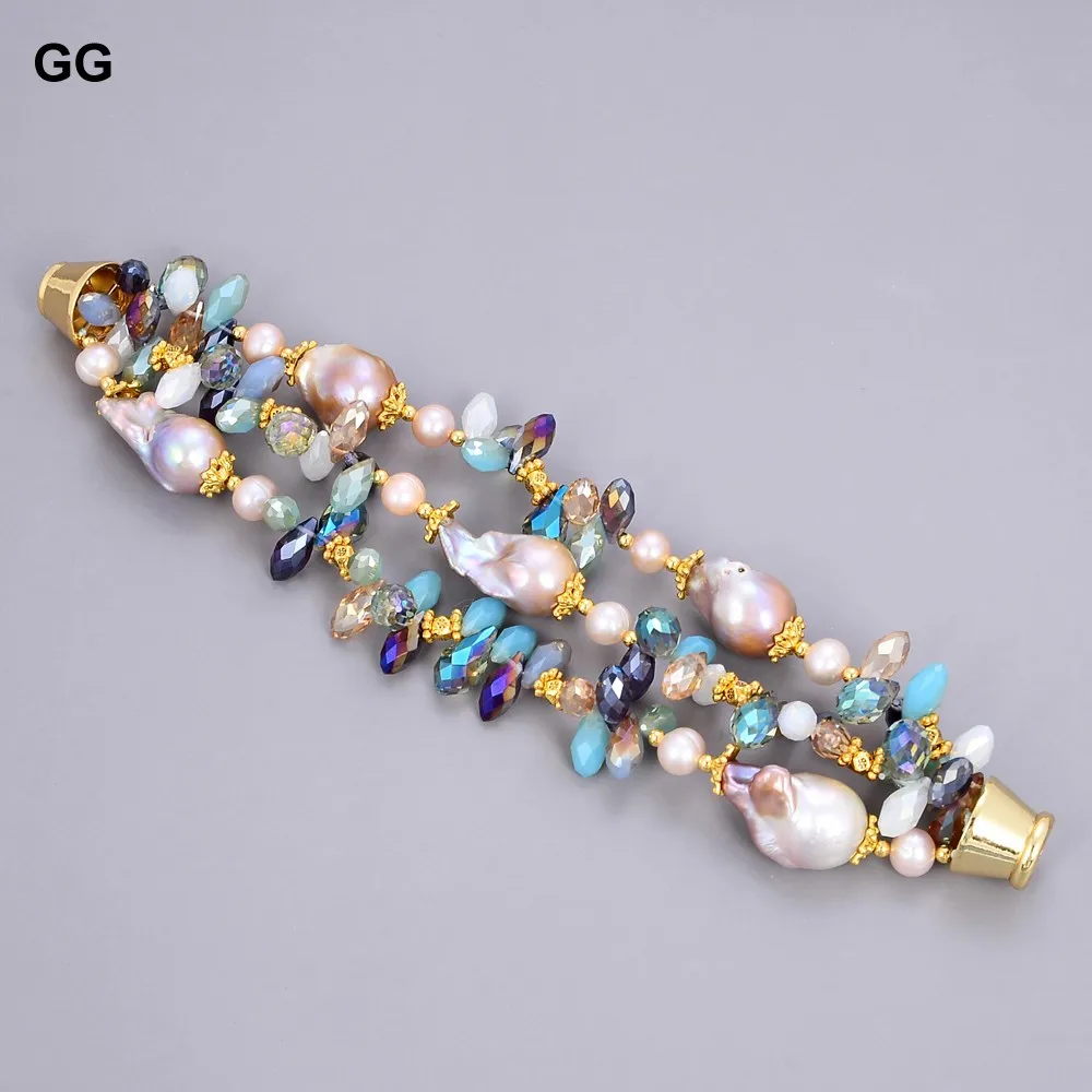 

G-G 8" 3 Rows Natural Purple Keshi Baroque Pearl Multi Color Crystal Bracelet For Women