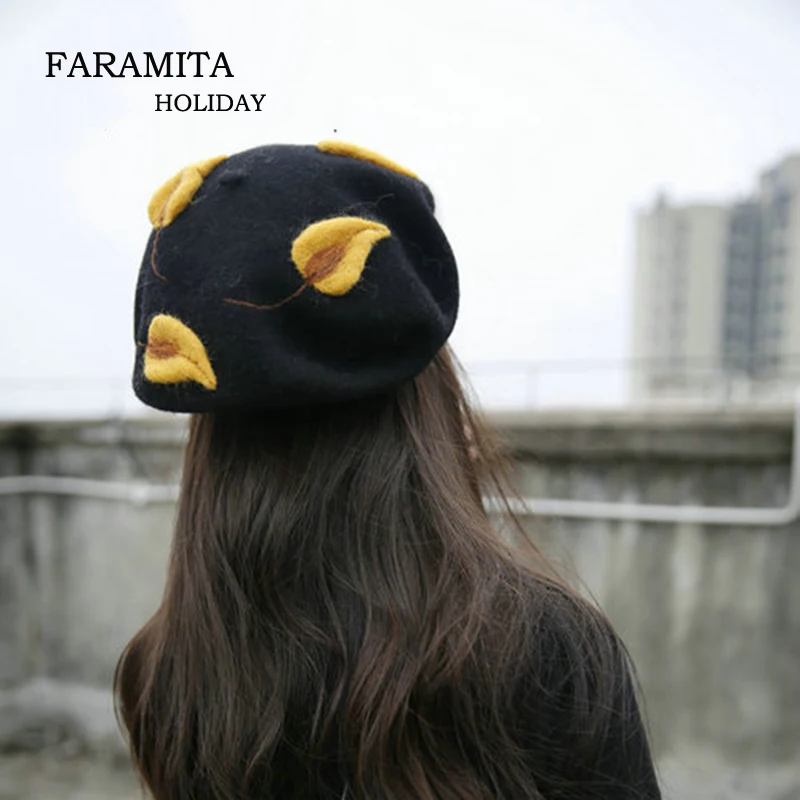 Faramita Holiday Women Parents-child Autumn Leaves 3D Wool Painter Hat Hand-made Warm Berets Kids Hats Round Beret Caps Handwork