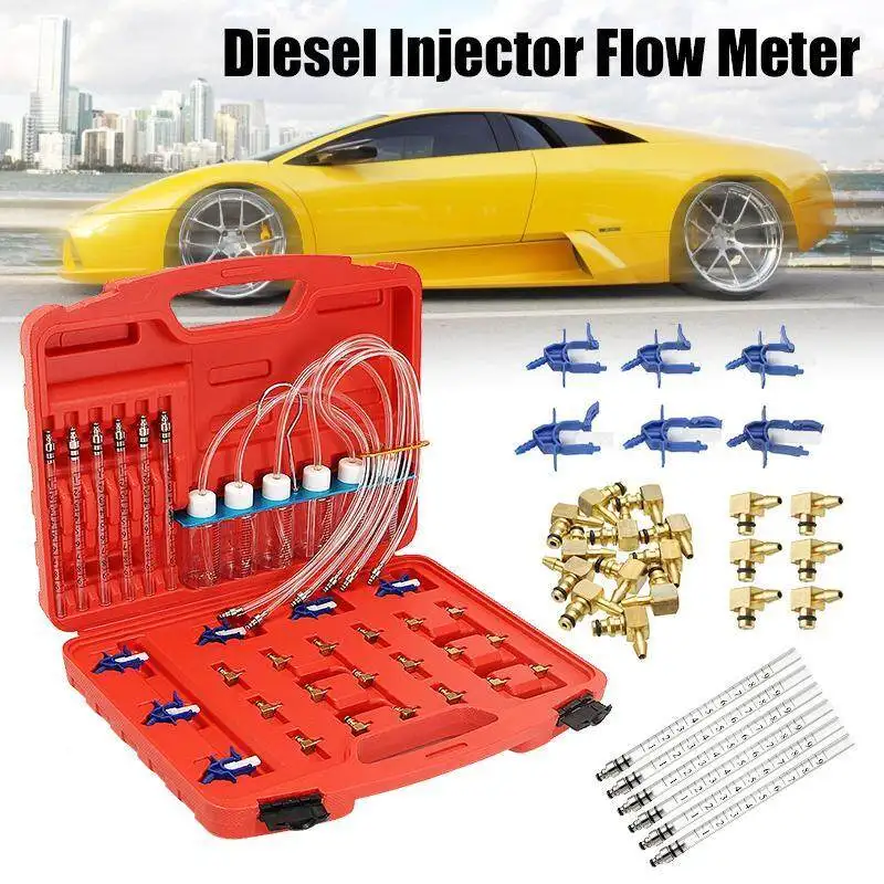 TANTESTO 36PCS Fuel Flow Meter Injector Tester Set Common Rail Diesel 6 Cylinder Garage Tool