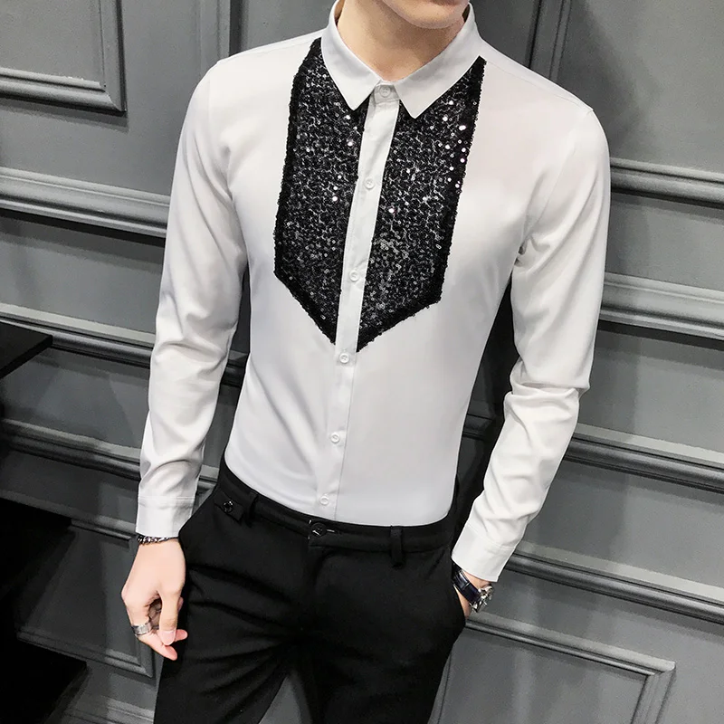 Sequins Tuxedo Shirts Men Long Sleeve Camisa Masculina 2020 Black White Casual Slim Fit Men Dress Shirts Streetwear Social Tops